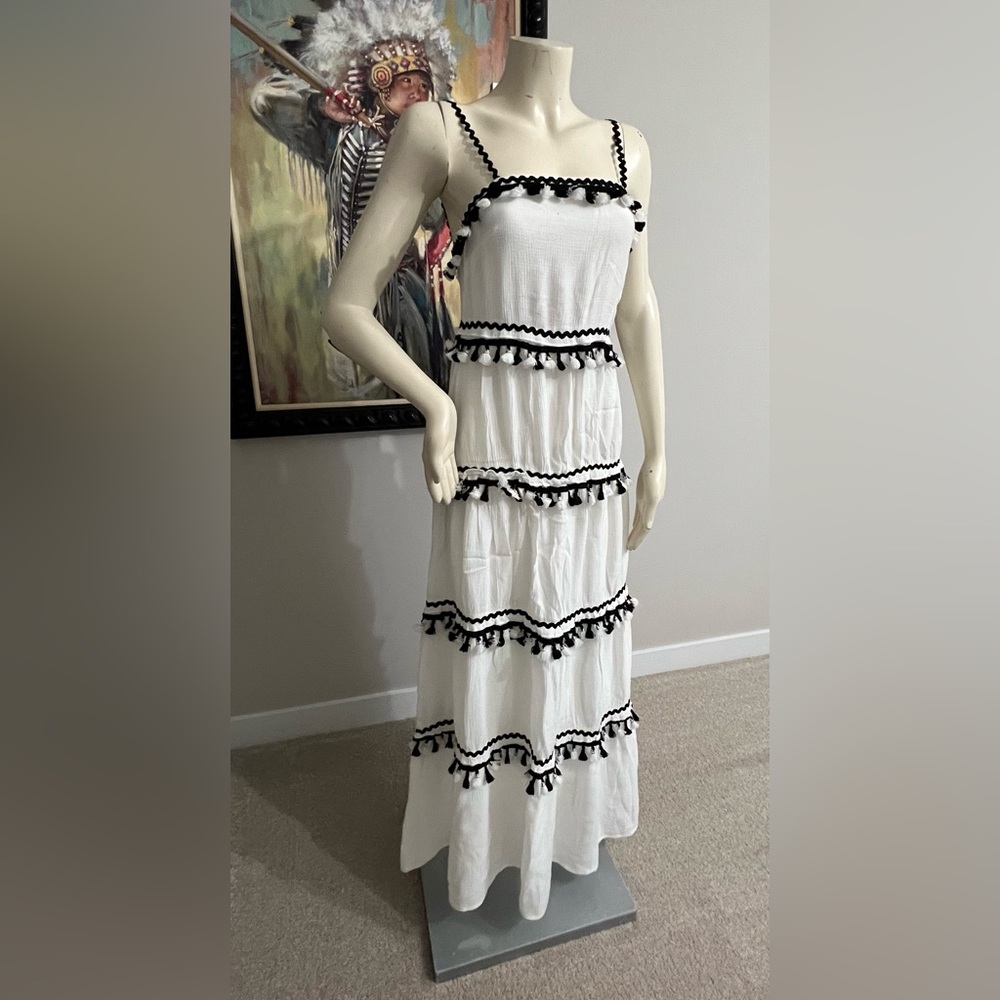 L’ATISTE Tiered White & Black Maxi Dress – Tassel Trim | Size XS - Picture 8 of 13